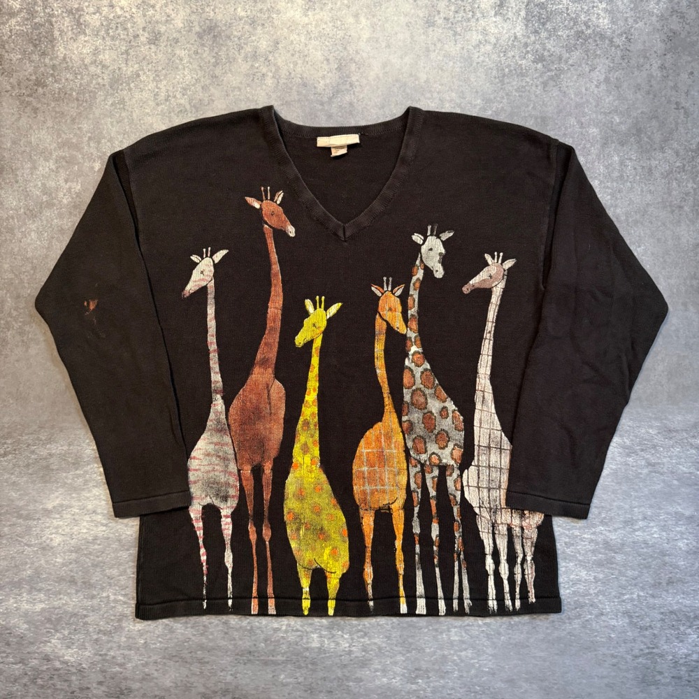 VTG Marguerita Giraffe Cotton Sweater 2X Black V-Neck Art To Wear Made USA 90s